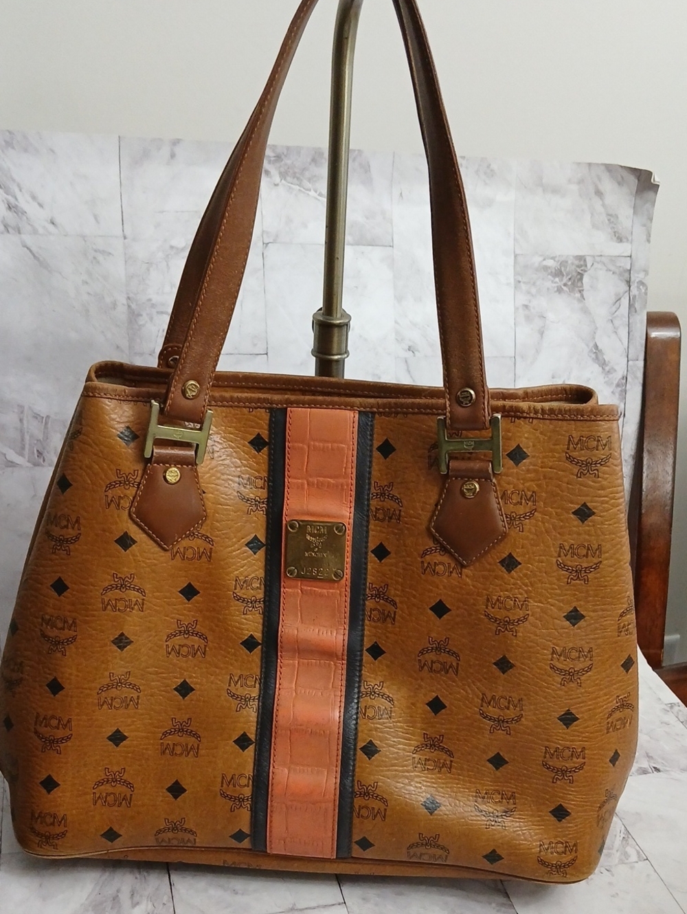 MCM Cognac Leather Tote with Coral Center Stripe